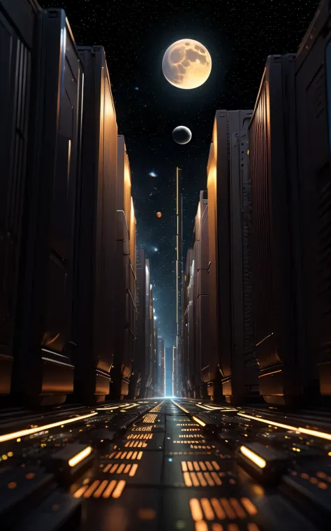 an ultra modern and futuristic corporate facade on which is marked "Alien-Tech-Club", in the background we see a magnificent moon and space with a galaxy, A City, Container robotic building , Orange tone, computer chip city, product closeups, photography c...