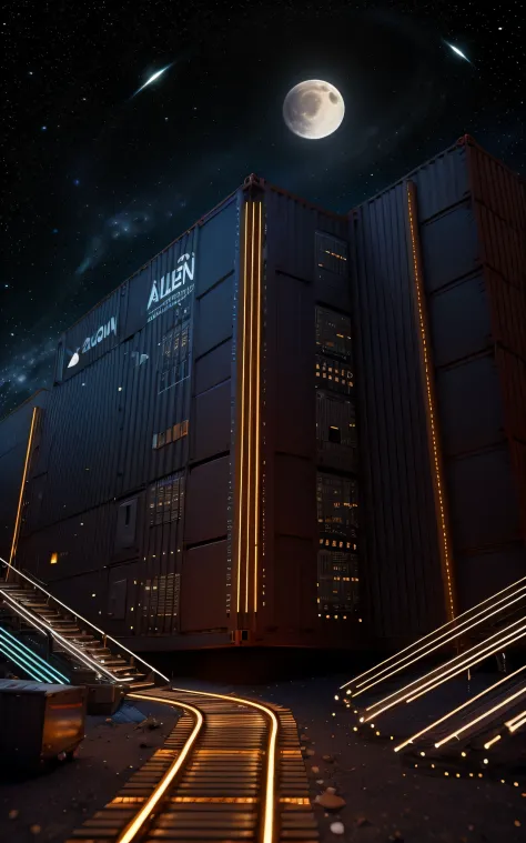 an ultra modern and futuristic corporate facade on which is marked "Alien-Tech-Club", in the background we see a magnificent moon and space with a galaxy, A City, Container robotic building , Orange tone, computer chip city, product closeups, photography c...