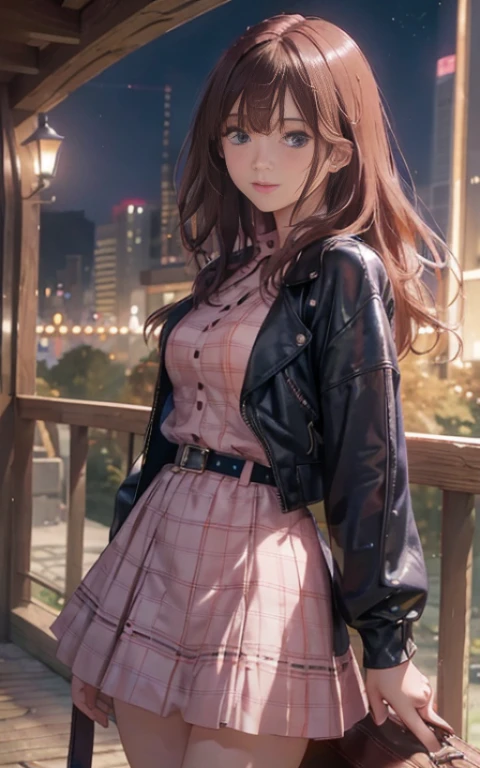 masterpiece++, best quality++, ultra-detailed+, extremely detailed++, 4K, 8K+, best quality, beautiful+, anime style,1person,full body image,autumn,night park,illmination,girly one-piece dress,leather belt,beautiful straight pinkbrown hair,beautiful blue eyes, beautiful eyes++,long straight hair
