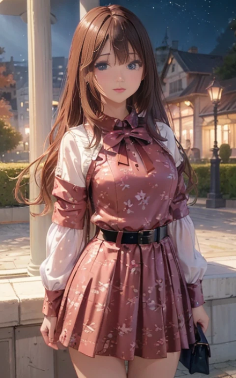 masterpiece++, best quality++, ultra-detailed+, extremely detailed++, 4K, 8K+, best quality, beautiful+, anime style,1person,full body image,autumn,night park,illmination,girly one-piece dress,leather belt,beautiful straight pinkbrown hair,beautiful blue eyes, beautiful eyes++,long straight hair