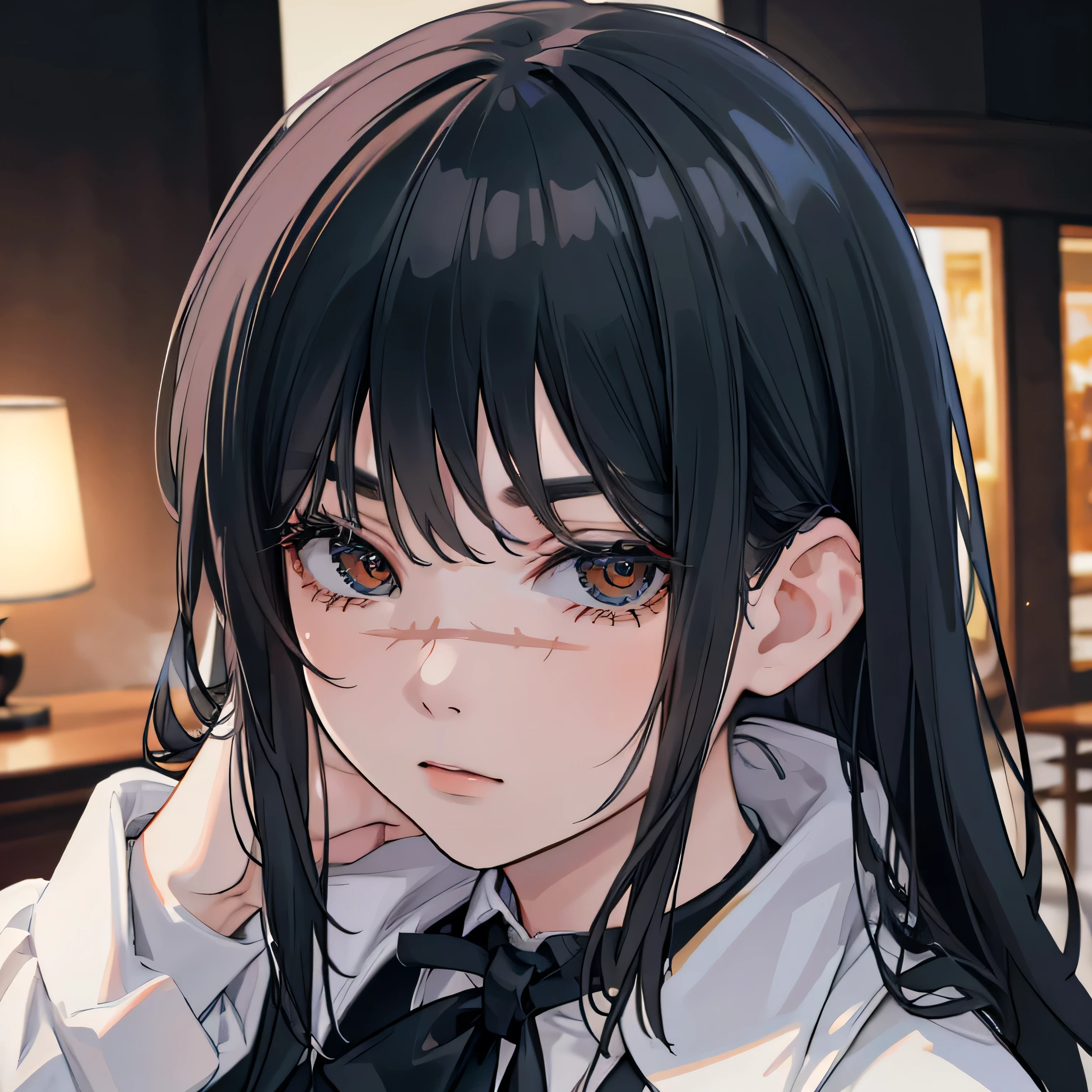 (higher resolution, distinct image) The best quality, a girl, Yoru, masterpiece, highly detailed, semi realistic, long hair, shaggy black hair, bangs, young, tall and strong, black military uniform, military academies, war insignia, inner backgrounds, cold, serious, tall, beautiful, authoritative, powerful, delicate facial features, exquisite facial features, small breasts, defined waists