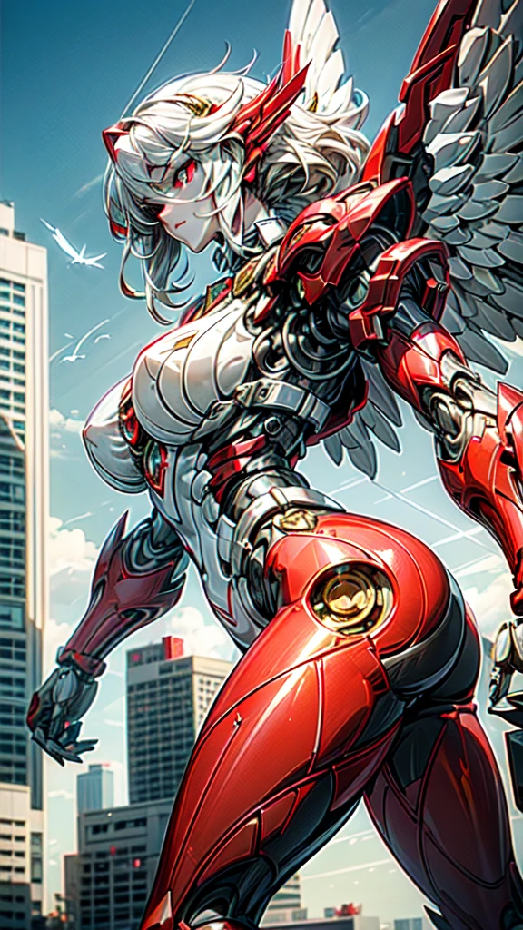 A beautiful mechanical girl，with white wings，tall，Perfect mechanical body，Intricate red mechanical bodysuit，（red mechanical body：1.3），Red manipulator臂，Red manipulator，Mechanical neck，Mechanical details，金属luster，Mechanical chest，Plump breasts，Plump buttocks，sexy，grace，Temperament，long white hair，red eyes，finely quality eyes，beautiful face，luster，（bust：1.5），perfect details，Ray tracing，8K，highest resolution，work，highest quality，Character focus，daytime，sunny，City streets，high-rise buildings，sunny，blue sky，Baiyun