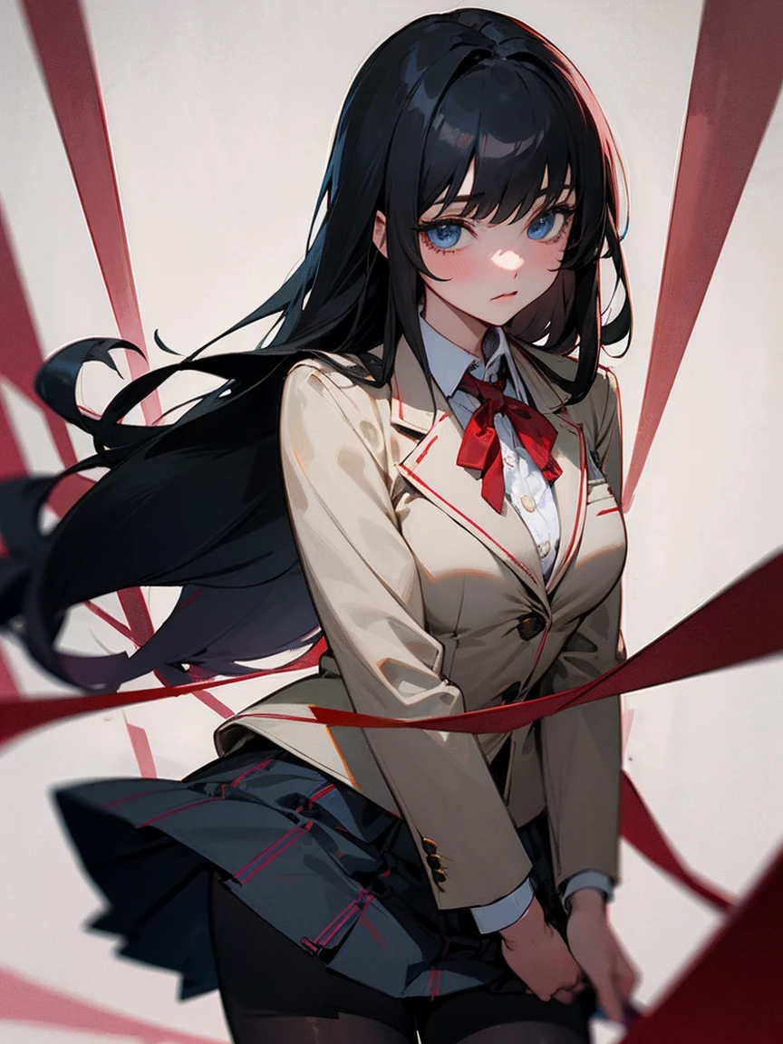 1 girl，Detailed details，long black hair，bangs，red ribbon,White blazer,red line school uniform,Brown checked skirt，blue eyes,Black tights,evening,