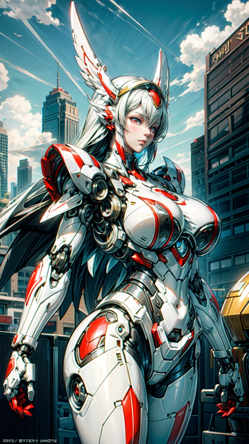 A beautiful mechanical girl，with white wings，tall，Perfect mechanical body，Intricate white mechanical bodysuit，sense of the future，science fiction style，（red mechanical body：1.3），Red manipulator臂，Red manipulator，Mechanical neck，Mechanical details，金属luster，Mechanical chest，Plump breasts，Plump buttocks，sexy，grace，Temperament，long white hair，red eyes，finely quality eyes，beautiful face，luster，（bust：1.5），perfect details，Ray tracing，8K，highest resolution，work，highest quality，Science fiction works，Character focus，daytime，sunny，City streets，high-rise buildings，sunny，blue sky，Baiyun