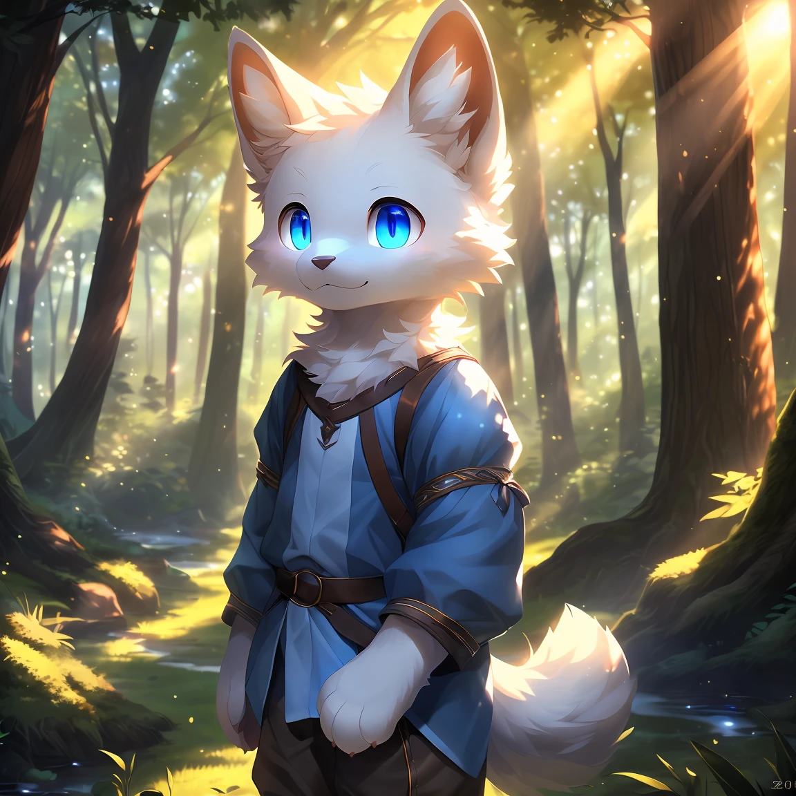 day time, sunlight (other planet beautiful forest) trees, roots, sky, woods, leaves, full_body, Kemono, (white fur), anatomically correct , male, furry, (fluffy | soft body), (medieval blue shirt, medieval brown short), innocent, soft pawpads, 3_toes (wondering), bright | blue pupils, | detailed face, facing_viewer (high_quality, best_quality:1.2), (detailed_background:1.3), (detailed_fur:1.3), (Highly_detailed:1.2),(absurd_res:1.1) uploaded_on_e621, ambient_sun_light, reality_ray_tracing, solo, (front_view),  [white body_fur], (neutral look, no smilling)