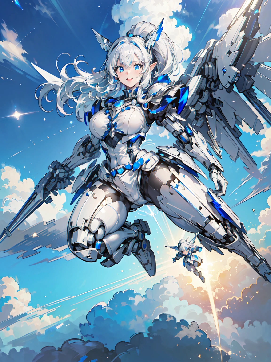 (masterpiece, highest quality, wonderful, very detailedティッカーユニティ、8k wallpaper, Depth of bounds written, Super thin illustration:1.5)、3D, very detailed, (whole body、Mecha elf girl:1.3), sci-fi battlefield, Hawken, smile, open your mouth, short ponytail hair, (white blonde hair, deep blue eyes:1.2), sparkling eyes, cute顔, cute, big breasts, delicate hair, messy hair, (((Flying high in the sky))、blue sky, White cloud), shiny hair, shiny skin, (Symmetrical mechanical wing、Metallic colored mechanical wings that are widely expanded to the left and right so that they protrude wonderfully from the screen, headgear, white hair ornament), (particles of light, cinematic lighting: 1.3), (light pink lips: 0.8), by Yusuke Murata.