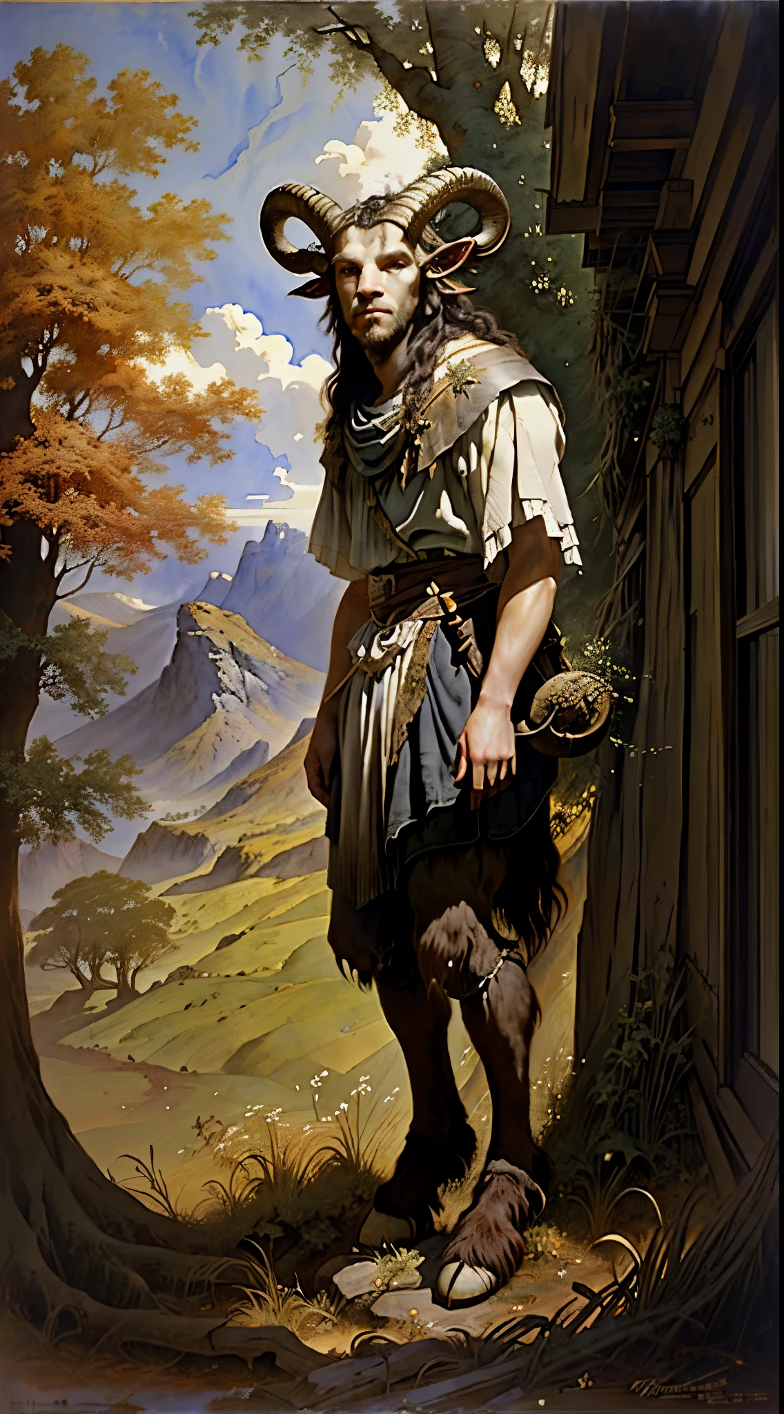 oil paint, watercolor painting, painted by alan lee. epic, fantasy, full body. a satyr (caprine legs, hooves, goat horn), druid. nature powers. pan, faun. meso american inspiration. tribal clothes, indigenous. healing pose, character art, rpg character, blank background, grey background. baroque style.