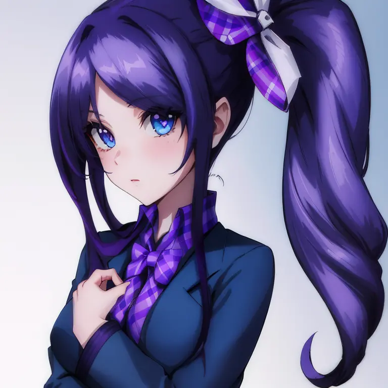 girl with long purple hair and a purple bow, blue eyes, light purple skin, blue jacket with purple highlights, plaid skirt, blue...