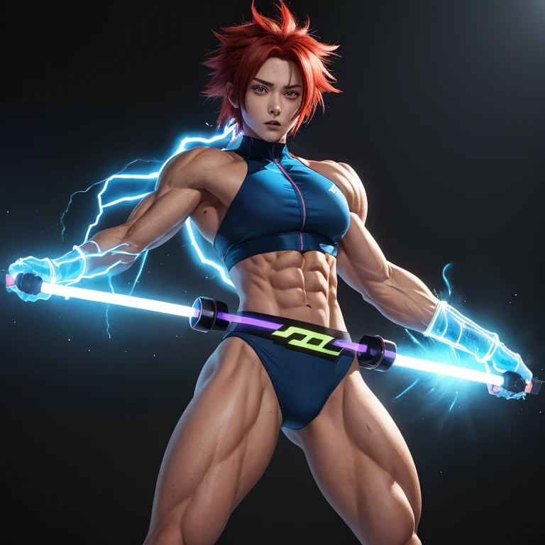 Anime Character with big  and big ass and Electric Red Hair and Transparent Background:
(Transparent background, High definition: 1920 x 1080p), a muscular figure clad in a cartoon anime-style outfit, broad, narrow eyes drawing intense focus, electric blue hair standing out against the background, red glowing eyes piercing through the emptiness, broad shoulders and narrow waist showcasing an athletic physique.