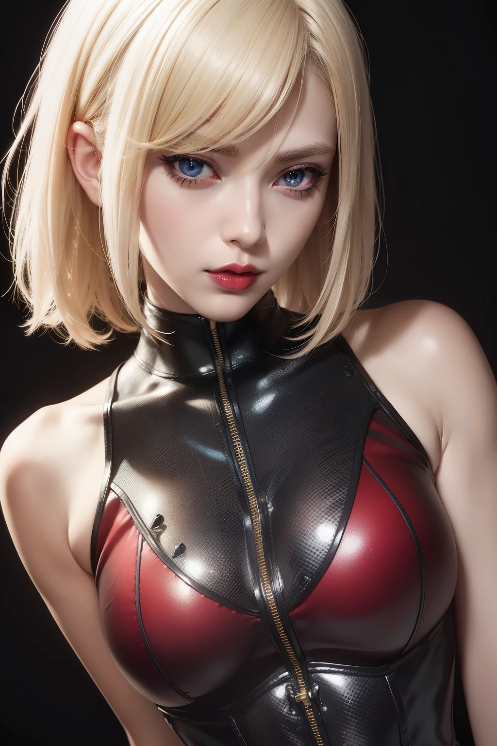 Portrait ((from face to the waist)) of anime beauty blonde girl (short Bob realistic hair), perfect face, realistic skin ((((high detailed skin)))), red lips, in realistic black & white combat body plugsuit, mechanical armlet ((beauty realistic anime eyes )), 4K, Full UHD