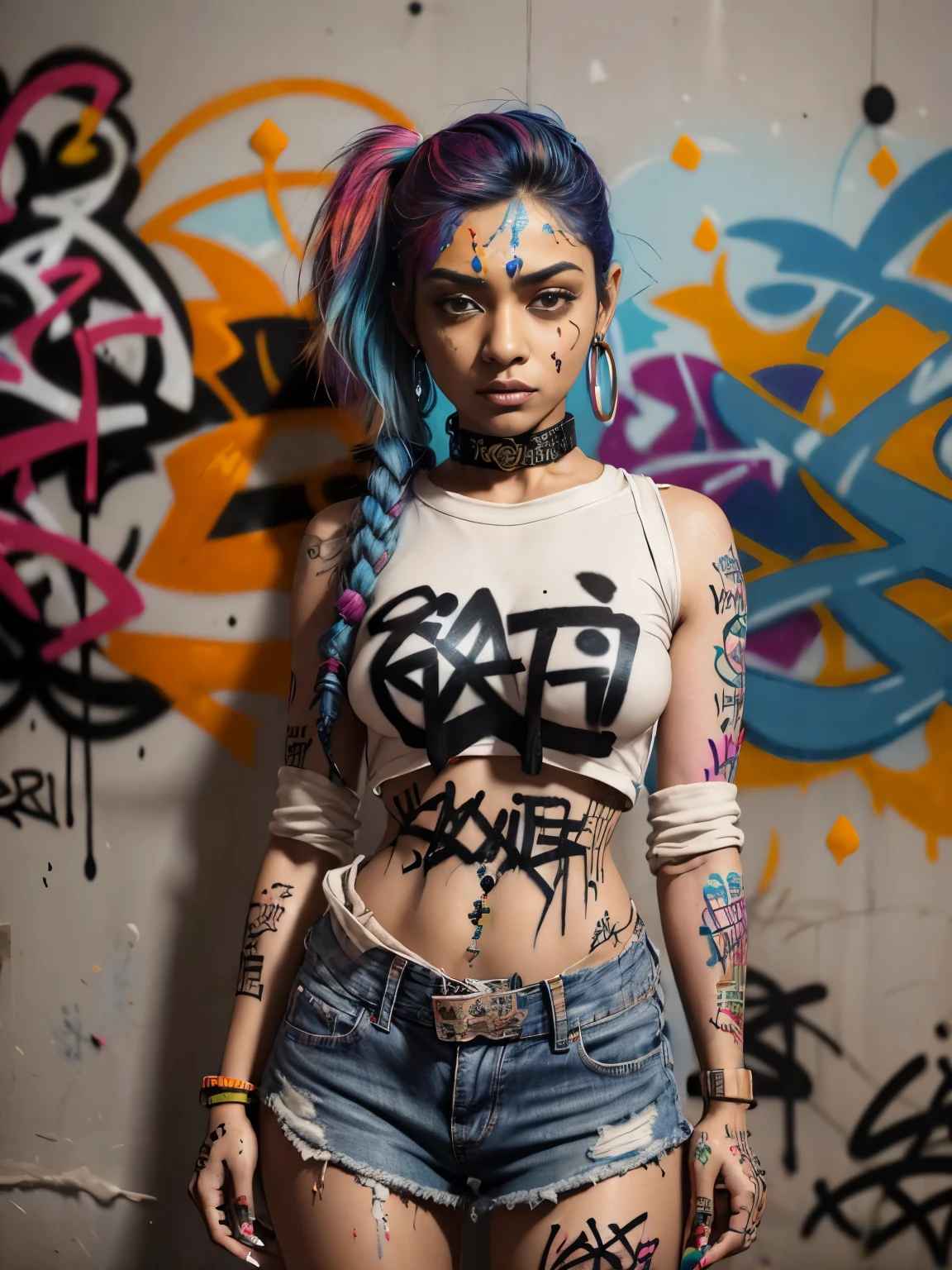 masterpiece, best quality, 1 indian girl, solo, full sleeve shirt, denim shorts, choker, (graffiti:1.5), paint splatter, arms behind back, against wall, looking at viewer, armband, thigh strap, paint on body, head tilt, bored, multicolored hair, aqua eyes, headset,