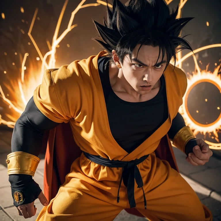 Goku, the legendary Saiyan warrior, dons an unexpected ensemble – the Batman suit embellished with golden armor. With his muscular build and fierce determination unchanged, this fusion of iconic characters promises an intriguing juxtaposition. The dark suit contrasts starkly against Goku's orange gi, while the golden armor adds an regal aura to his presence. Despite this new look, the intensity in his piercing gaze remains undeterred, leaving us pondering what new adventures await our hero.