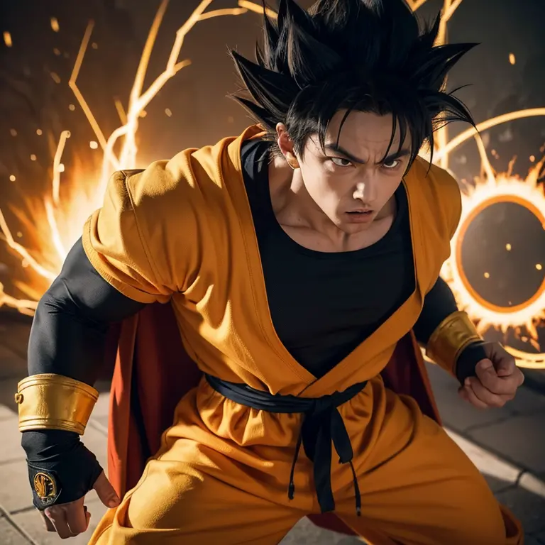 Goku, the legendary Saiyan warrior, dons an unexpected ensemble – the Batman suit embellished with golden armor. With his muscul...