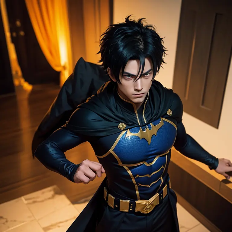 Vegeta, the legendary Saiyan warrior, dons an unexpected ensemble – the Batman suit embellished with blue gold armor. With his m...