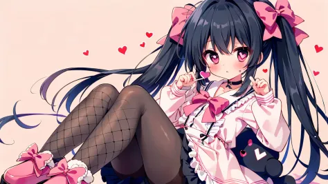 masterpiece, best quality, (jirai_kei),1girl, solo, long_hair, looking_at_viewer, shirt, black_hair, long_sleeves, bow, ribbon, twintails, sitting, monochrome, hair_bow, heart, pantyhose, frills, food, shoes, choker, blunt_bangs, black_skirt, pink_eyes, st...