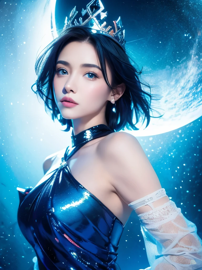 night, ((1 girl)), alone, masterpiece, 8k wallpaper, high resolution, ridiculous, High quality background, short hair, black hair, multi color hair, Beautiful frozen village, (full moon), 蓝色非常Transparent dress, Detailed dress, Transparent dress, (magic:1.2), blue fire, blue eyes, glowing eyes, fire, Ice Goddess, (Beautiful blue crown), eletric, blue eletric, Blue light particles