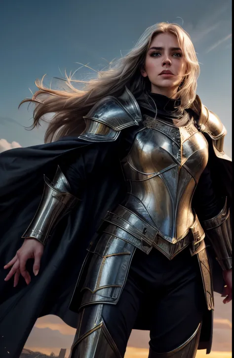 full body portrait of a beautiful female paladin, heroic pose, long floating white hair, dark eyebrows, dark makeup, ages 35, low neck, white and gold plate armor, medieval armor, floating cape, plate pants, strong face, detailed eyes, bright blue eyes, po...