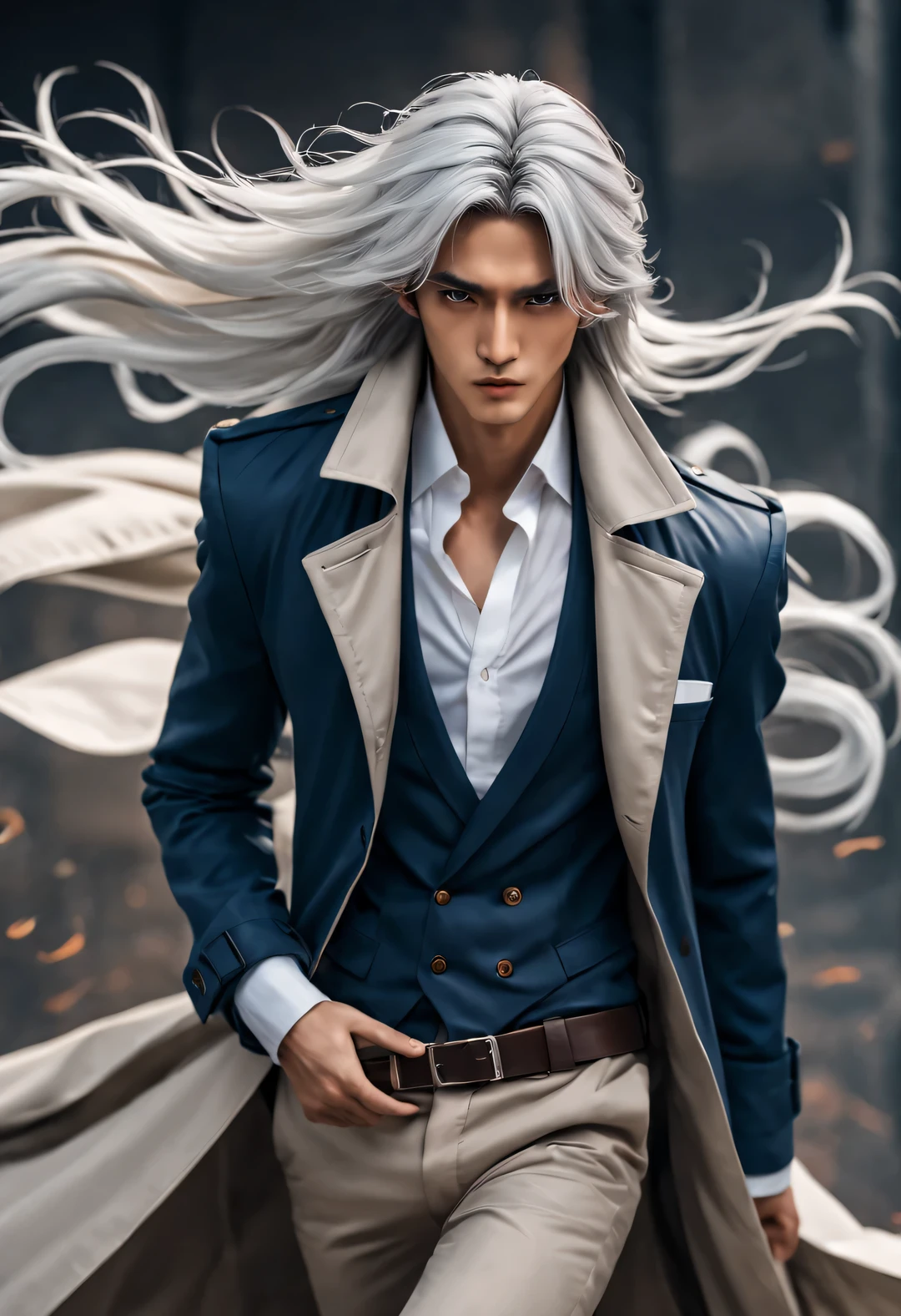 (male character design), Half body photo, Staring at the camera,
(Chinese handsome man Gao Changgong, Prince of Lanling, in front of the computer), (Messy long white hair: 1.2), (Wearing a long fashionable blue windbreaker: 1.34), Have a perfect figure, Fair and delicate skin, looks like a virgin, Lips as red as vermilion, high nose bridge, deep eyes, But there is an extraordinary heroic spirit between his eyebrows. He has a slender figure, Has beautiful muscle lines, like a perfect sculpture (Half of his face is covered with an ornate blue and gold mask), His character is brave and beautiful, like a woman, Be brave and decisive. There is an indescribable tenderness and warmth deep in his heart (Inspired by American actor John Lone), Surrealism, background: Modern office, HD, high quality, HD analysis, 32k,