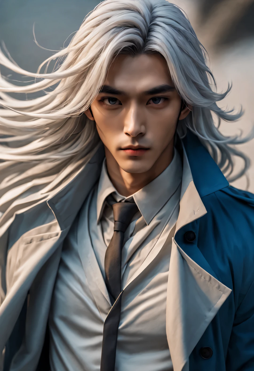 (male character design), Half body photo, Staring at the camera,
(Chinese handsome man Gao Changgong, Prince of Lanling, in front of the computer), (Messy long white hair: 1.2), (Wearing a long fashionable blue windbreaker: 1.34), Have a perfect figure, Fair and delicate skin, looks like a virgin, Lips as red as vermilion, high nose bridge, deep eyes, But there is an extraordinary heroic spirit between his eyebrows. He has a slender figure, Has beautiful muscle lines, like a perfect sculpture (Half of his face is covered with an ornate blue and gold mask), His character is brave and beautiful, like a woman, Be brave and decisive. There is an indescribable tenderness and warmth deep in his heart (Inspired by American actor John Lone), Surrealism, background: Modern office, HD, high quality, HD analysis, 32k,