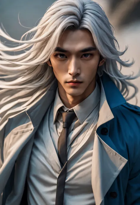 (male character design), Half body photo, Staring at the camera,
(Chinese handsome man Gao Changgong, Prince of Lanling, in front of the computer), (Messy long white hair: 1.2), (Wearing a long fashionable blue windbreaker: 1.34), Have a perfect figure, Fa...