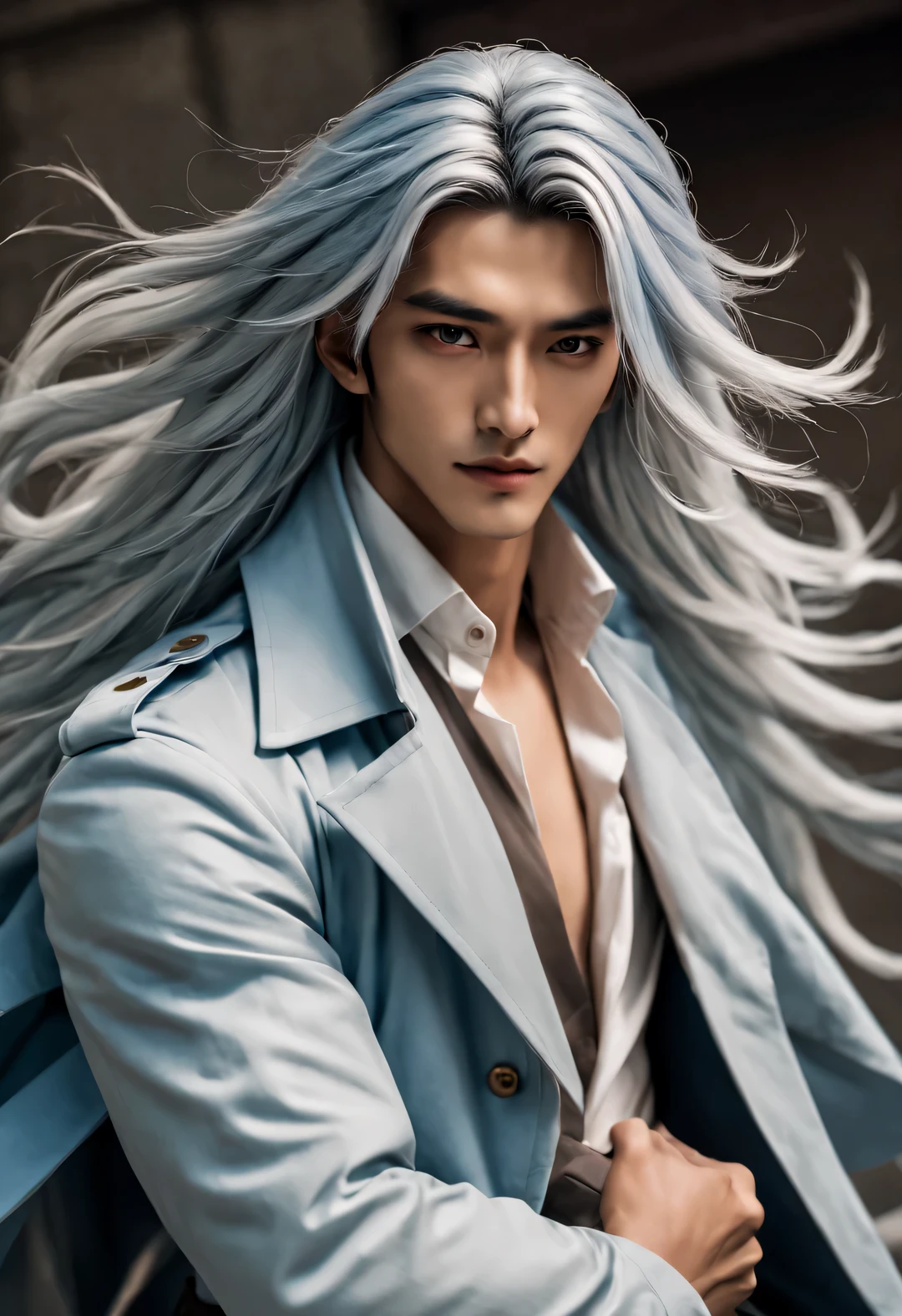 (male character design), Half body photo, Staring at the camera,
(Chinese handsome man Gao Changgong, Prince of Lanling, in front of the computer), (Messy long white hair: 1.2), (Wearing a long fashionable blue windbreaker: 1.34), Have a perfect figure, Fair and delicate skin, looks like a virgin, Lips as red as vermilion, high nose bridge, deep eyes, But there is an extraordinary heroic spirit between his eyebrows. He has a slender figure, Has beautiful muscle lines, like a perfect sculpture (Half of his face is covered with an ornate blue and gold mask), His character is brave and beautiful, like a woman, Be brave and decisive. There is an indescribable tenderness and warmth deep in his heart (Inspired by American actor John Lone), Surrealism, background: Modern office, HD, high quality, HD analysis, 32k,