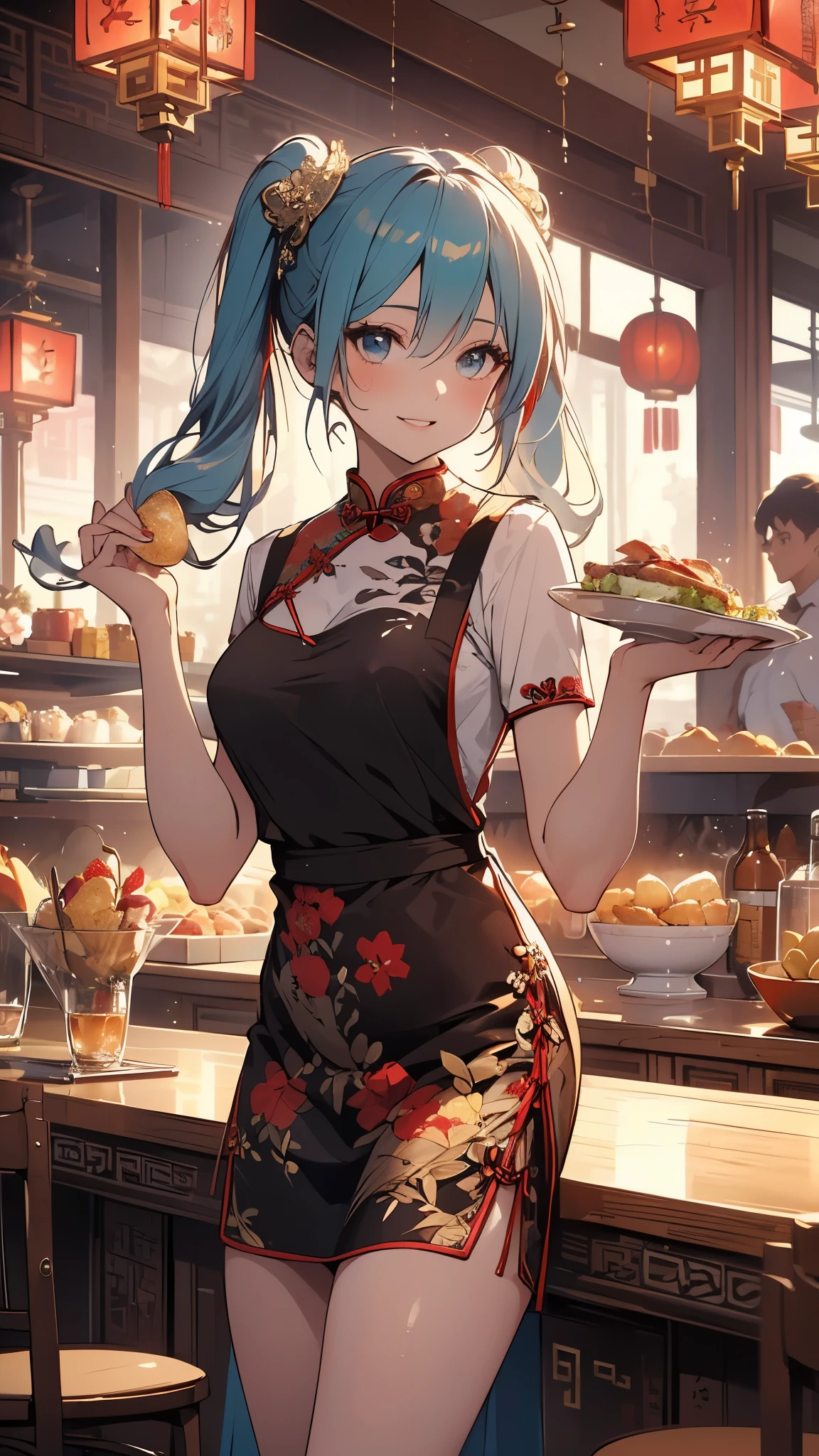 (((Masterpiece,Super Detail,in 8K,32K,best composition,Rim lighting,photorealistic,extremely sharp edges))),one beautiful girl,(Hatsune Miku:1.3),Shining detailed eyes,light-blue double bun with fluffy hair ornament,super detailed shiny skin,slender body,,((big smile,lips wide open)),beautiful posture,(cheongsam dress,Red with gold thread embroidery,super delicate floral pattern:1.5),beautiful slim legs,seductive cleavage,(busily as a waitress,carry food with both hands:1.7),chinese restaurant,lively,rising steam,(particles of light:1.5),curvaceous