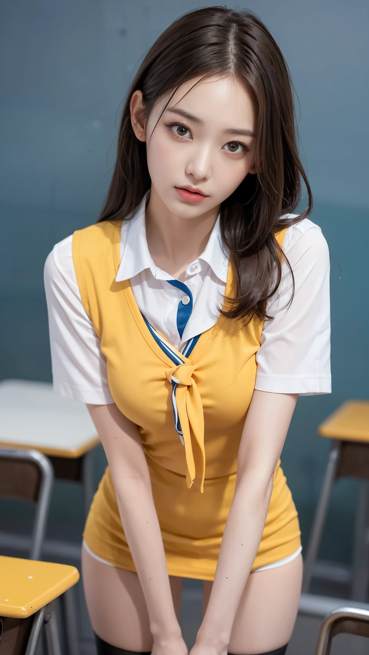 A woman in a school uniform is posing for a picture - SeaArt AI