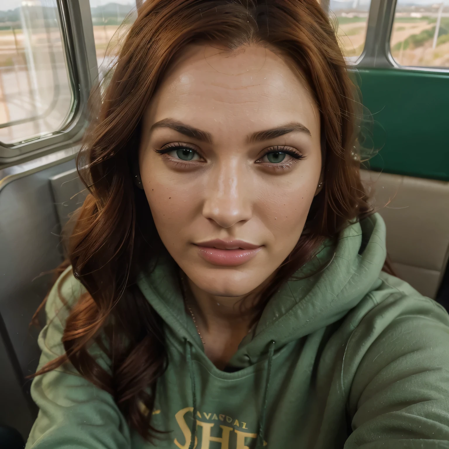 Arafed woman in a green hoodie sitting in a bus - SeaArt AI