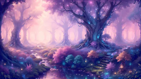 FairyTaleAI  masterpiece, trending, 8K  a magical forest filled with towering trees and sparkling stream