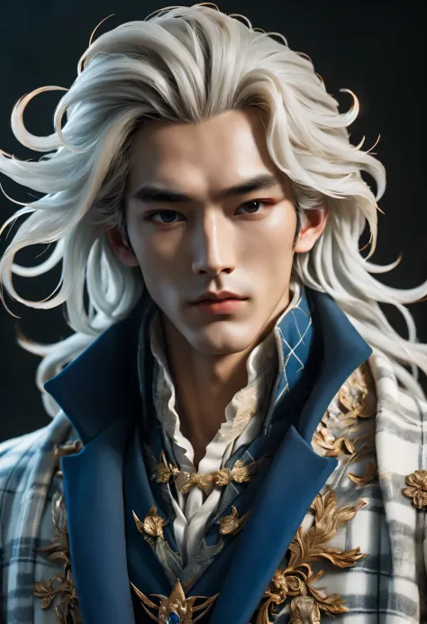(male character design), Half body photo, Staring at the camera,
(Chinese handsome man Gao Changgong, Prince of Lanling, in front of the computer), (The left half of his face wears an ornate blue and gold mask: 1.1), (Messy long white hair: 1.2), (Wearing ...