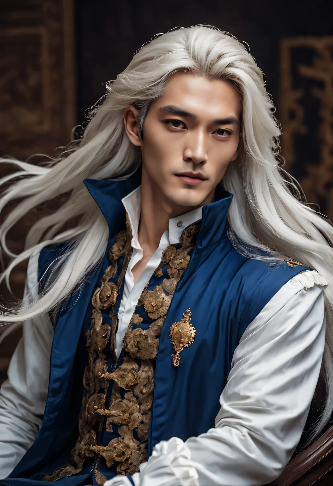 (male character design), Half body photo, Staring at the camera,
(Chinese handsome man Gao Changgong, Prince of Lanling, in front of the computer), (Messy long white hair: 1.2), (Wearing a royal blue long rococo style fashionable trench coat: 1.34), Have a perfect figure, Fair and delicate skin, Lips as red as vermilion, high nose bridge, deep eyes, But there is an extraordinary heroic spirit between his eyebrows. He has a slender figure, Has beautiful muscle lines, like a perfect sculpture (The left half of his face wears an ornate blue and gold mask: 1.1), His character is brave and beautiful, like a woman, Be brave and decisive. There is an indescribable tenderness and warmth deep in his heart, Jude Law (inspired by actor Jude Law), Surrealism, background: Modern office, HD, high quality, HD analysis, 32k,