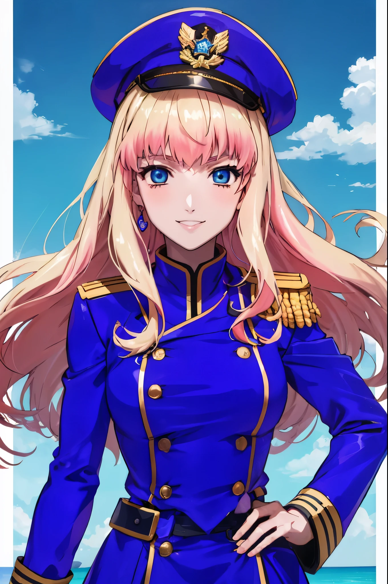 masterpiece, highest quality, ultra high resolution, highest quality, anime調, best writing, beautiful face, (anime:1.1), highest quality, masterpiece,
1 girl, sherly nome, colorful hair, blonde hair, pink hair, gradient hair long hair, medium breasts, blue eyes, mature woman,  looking at the viewer, smile, Upper body, (blue-purple military uniform:1.3), (blue hat:1.3), Background blue sky, sea background