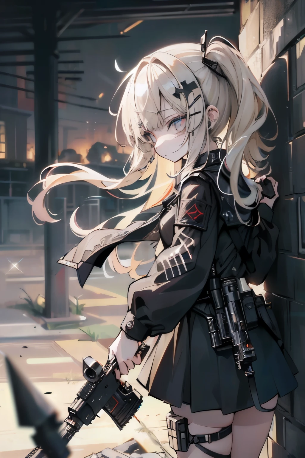 Anime girl with gun standing in front of a wall - SeaArt AI