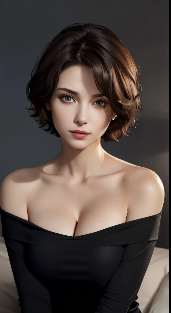 Skin Tight Black Top:1.2、look at viewer、cinematic lighting、perfect、soft light、High resolution skin:1.2、realistic skin texture、30 year old mature woman、small face、no makeup、off shoulder、Bust B Cup、 exposed cleavage、red eyes、short hair、dark brown hair、full nude、gray background、