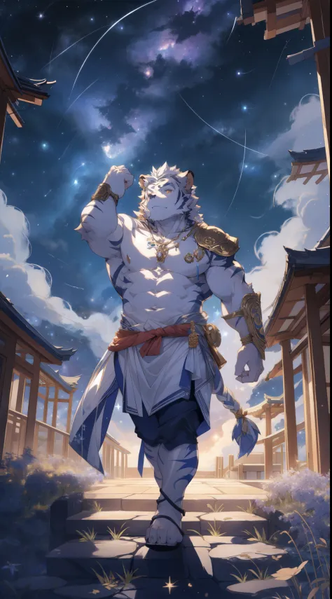 (by empty ghost, by thebigslick, by dark gems, by honowy), Kogenta (Onmyoji Oyamaji Temple), HD photos, perfect anatomy, Anthropomorphic white tiger, male, 20 years old, gods, Light blue stripes, strong body, Large pecs, pink milk clusters, medium bulge, 他...