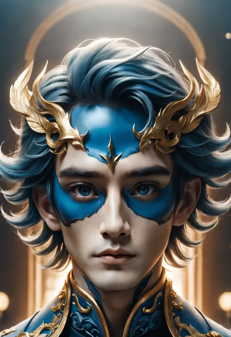 (male character design), Half body photo, Staring at the camera,
(Chinese handsome man Gao Changgong, Prince of Lanling, in front of the computer), (The left half of her face wears an ornate blue and gold metal mask.: 1.1), (Messy and long white hair: 1.0)...