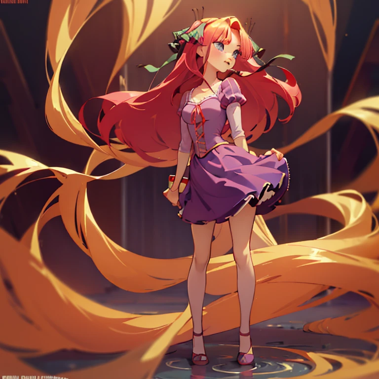 Fusion between Rapunzel from disney and Nino Nakano, good fusion, excellent character design, masterpiece, 4k, perfect anatomy, perfect face, perfect eyes, 1girl, solo, full body, Itsuki nakano wearing rapunzel's dress, long long red pink hair, pink hair, magenta hair, extremely long hair, buterfly hair ribbons, blue eyes, purple rapunzel dress