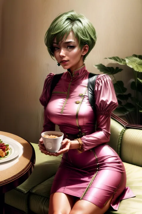 frederica greenhill, 25 years old, lieutenant, adjutant, shortcut, green hair,
eating in a luxurious pink dress at a high-end re...