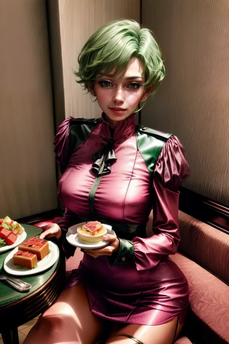 frederica greenhill, 25 years old, lieutenant, adjutant, shortcut, green hair,
eating in a luxurious pink dress at a high-end re...