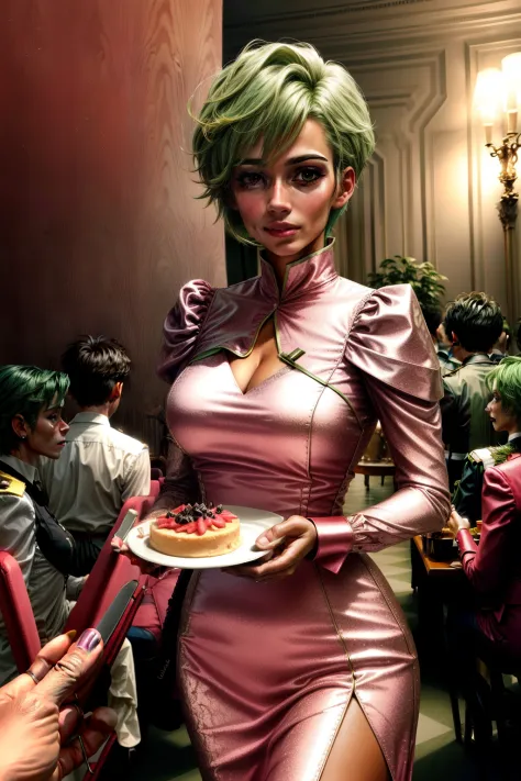 frederica greenhill, 25 years old, lieutenant, adjutant, shortcut, green hair,
eating in a luxurious pink evening dress at a hig...