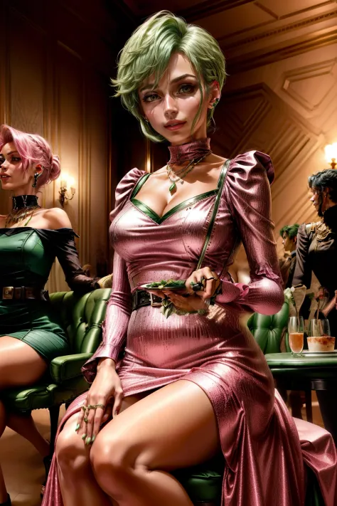 frederica greenhill, 25 years old, lieutenant, adjutant, shortcut, green hair,
eating in a pink evening dress at a fancy restaur...