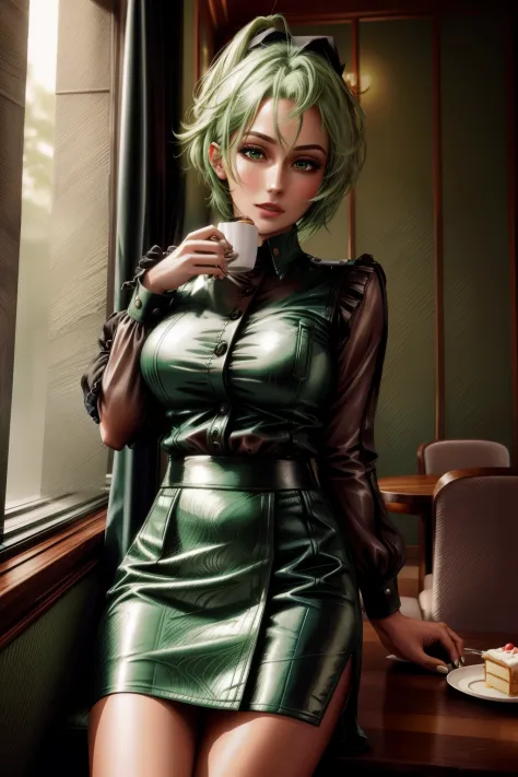 frederica greenhill, 25 years old, lieutenant, adjutant, shortcut, green hair, eating cake at a cafe wearing casual clothes