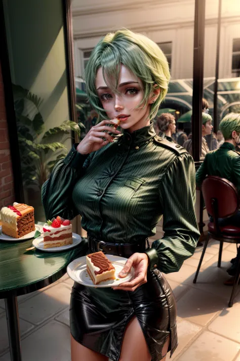 frederica greenhill, 25 years old, lieutenant, adjutant, shortcut, green hair, eating cake at a cafe wearing casual clothes