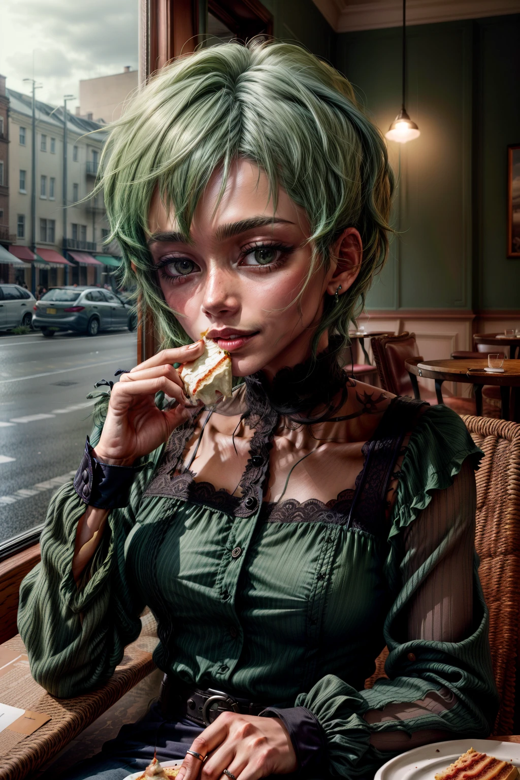 Frederica Greenhill, 25 years old, lieutenant, adjutant, shortcut, green hair, Eating cake at a cafe wearing casual clothes