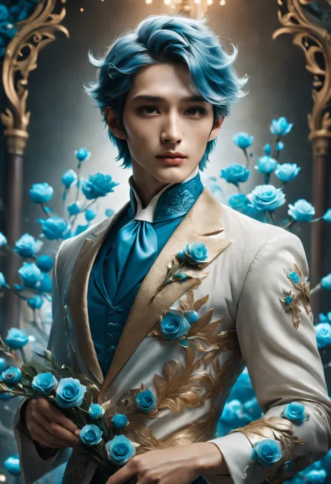 (male character design), Half body photo, Staring at the camera,
(Picture of Lanling King Gao Changgong holding blue fairy rose), (The left half of his face is wearing a gorgeous blue and gold metal mask.: 1.1), (Messy long white hair: 1.0), (Wearing a roy...