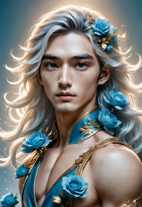 (male character design), Half body photo, Staring at the camera,
(Picture of Lanling King Gao Changgong holding blue fairy rose), (The left half of his face is wearing a gorgeous blue and gold metal mask.: 1.1), (Messy long white hair: 1.0), (Wearing a roy...