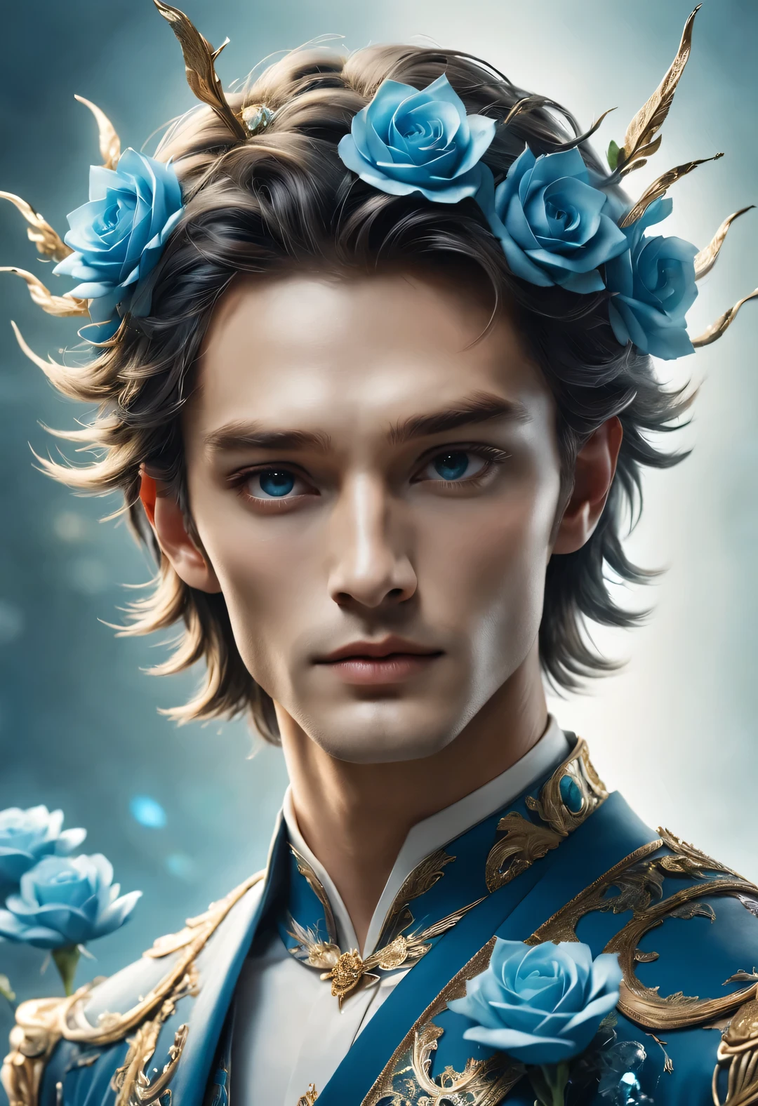 (male character design), Half body photo, Staring at the camera,
(Picture of Lanling King Gao Changgong holding blue fairy rose), (The left half of her face wears an ornate blue and gold metal mask.: 1.1), (Messy long white hair: 1.0), (Wearing a royal blue plaid woolen coat: 0.8), Have a perfect figure, square face, Fair and delicate skin, Lips as red as red, The bridge of the nose is high and straight, Deep eyes, But there is an extraordinary heroic spirit between his eyebrows. He has a slender figure, Has beautiful muscle lines, like a perfect sculpture. His character is brave and beautiful, like a woman, Be brave and decisive. There is an indescribable tenderness and warmth deep in his heart, Audrey hepburn, Jude Law, Jude Law (inspired by actor Jude Law), Surrealism, background: Modern office, HD, high quality, HD analysis, 32k,