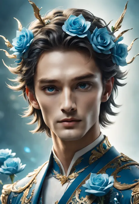 (male character design), half body photo, staring at the camera,
(picture of lanling king gao changgong holding blue fairy rose)...