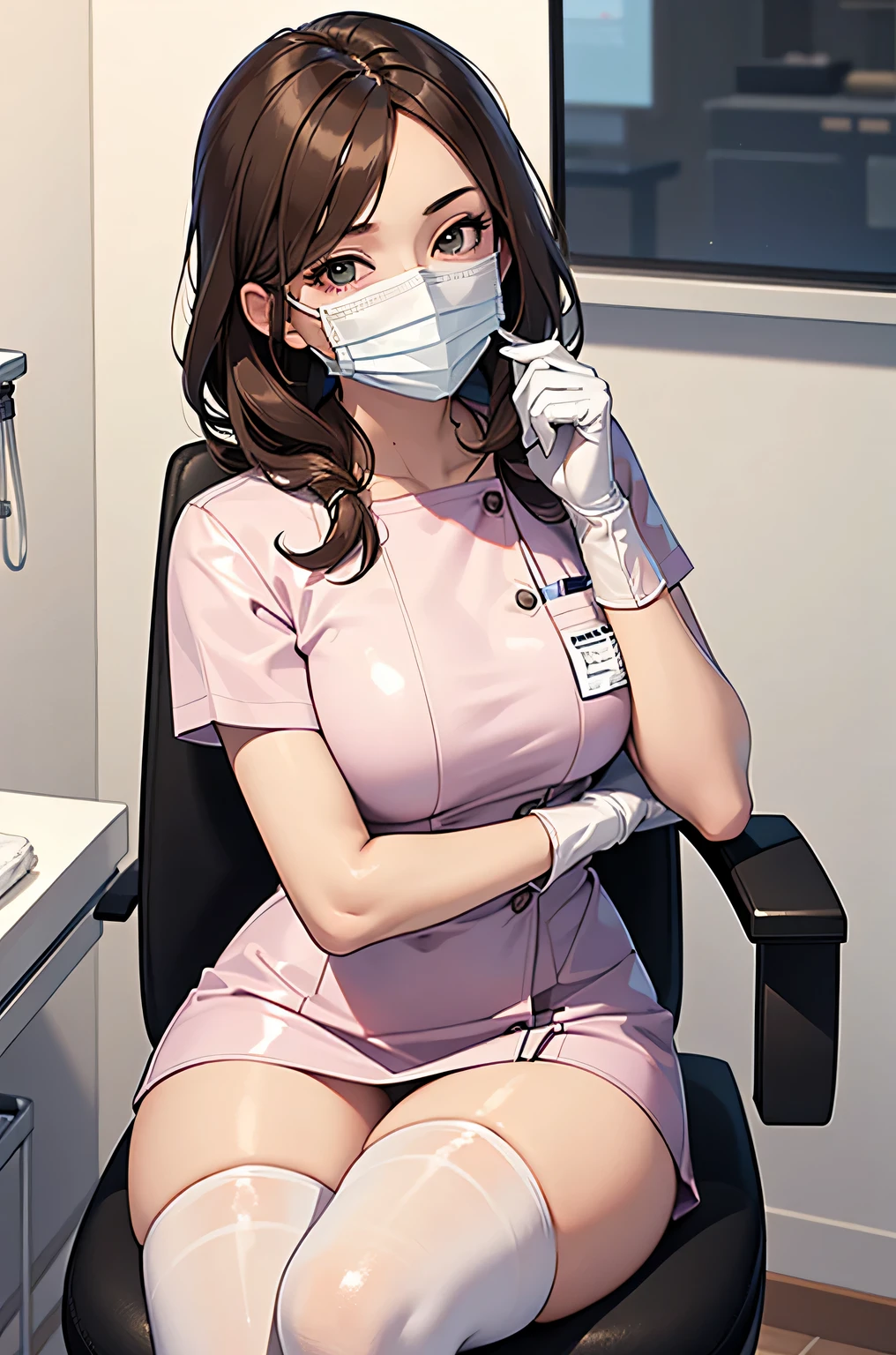 1 girl, brown hair, Dental Hygienist, pink medical scrub, White latex gloves, white stockings, ((White surgical mask, Covered nose)), sitting in a chair, Dental clinic, highest quality, masterpiece