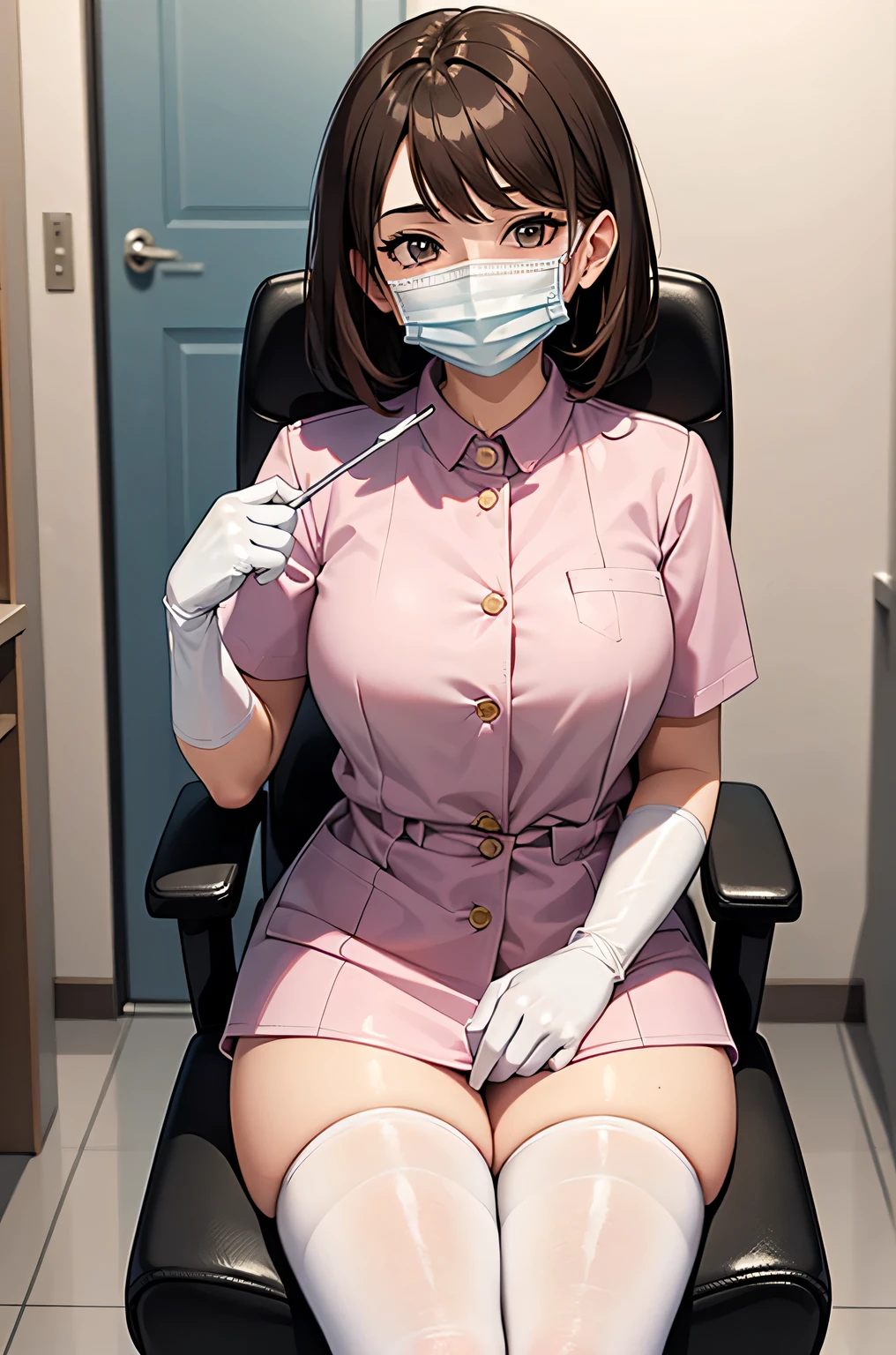 1 girl, brown hair, Dental Hygienist, pink medical scrub, White latex gloves, white stockings, ((White surgical mask, Covered nose)), sitting in a chair, Dental clinic, highest quality, masterpiece